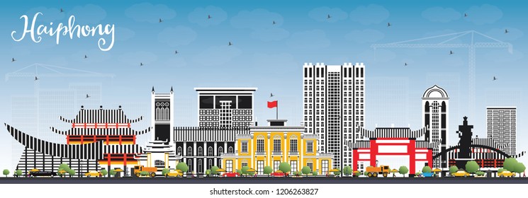 Línea aérea de Haiphong Vietnam City con edificios grises y cielo azul. Ilustración vectorial. Concepto de viajes de negocios y turismo con arquitectura histórica. Paisaje urbano de Haiphong con puntos de referencia.