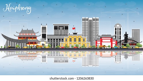 Línea aérea de Haiphong Vietnam City con edificios grises, cielo azul y reflexiones. Ilustración vectorial. Concepto de viajes de negocios y turismo con arquitectura histórica. Paisaje urbano de Haiphong con puntos de referencia.