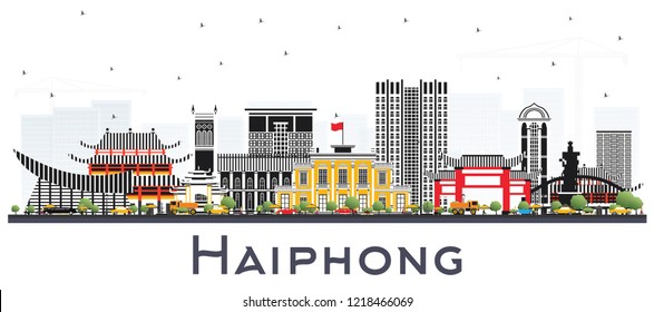 Línea aérea de Haiphong Vietnam con edificios grises aislados en blanco. Ilustración vectorial. Concepto de viajes de negocios y turismo con arquitectura histórica. Paisaje urbano de Haiphong con puntos de referencia.