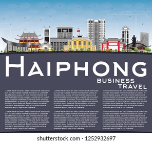 Línea aérea de Haiphong Vietnam City con edificios grises, cielo azul y espacio de copias. Ilustración vectorial. Concepto de viajes de negocios y turismo con arquitectura histórica. Paisaje urbano de Haiphong con puntos de referencia.