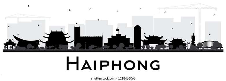 Silhouette de Haiphong Vietnam Skyline con edificios negros aislados en blanco. Ilustración vectorial. Concepto de viajes de negocios y turismo con arquitectura histórica. Paisaje urbano de Haiphong con puntos de referencia.