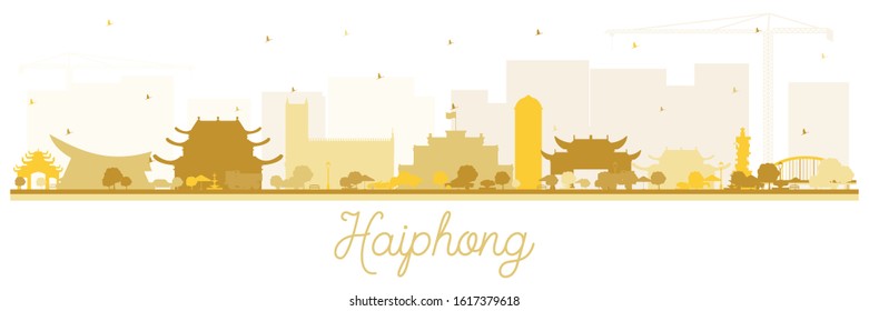 Silhouette de Haiphong Vietnam Skyline con edificios dorados aislados en blanco. Ilustración vectorial. Concepto de viajes de negocios y turismo con arquitectura histórica. Paisaje urbano de Haiphong con puntos de referencia