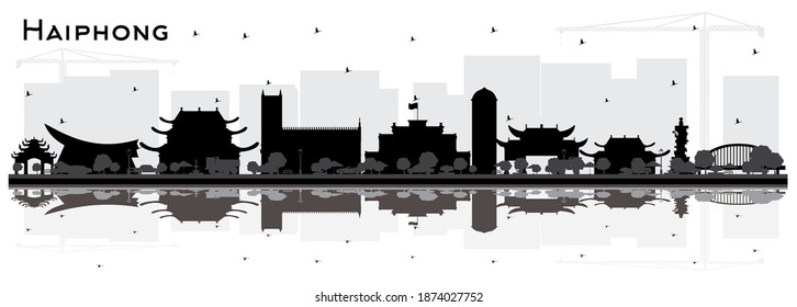 Silhouette de Haiphong Vietnam Skyline con edificios negros y reflexiones aisladas en blanco. Ilustración vectorial. Concepto de viajes de negocios y turismo con arquitectura histórica. Haiphong Cityscape