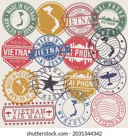 Haiphong, Vietnam Set of Stamps. Travel Stamp. Made In Product. Design Seals Old Style Insignia.