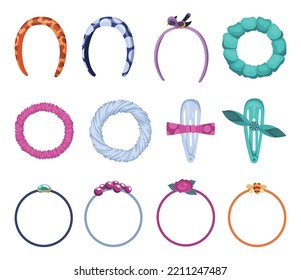 Hair accessorie headband set. Illustration of accessory for care and clip hairnine. Woman hair fashion items. Elastic bands bows and hoops