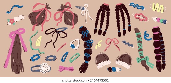 Hair accessories with bows and ribbons. Trendy braiding. Cute woman hairpins. Collection hairstyles with braids. Bundle of different hairdo. Flat cartoon vector illustration.