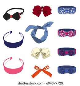 Hair Accessories and butterfly tie isolated on white. Woman Fashion Set.