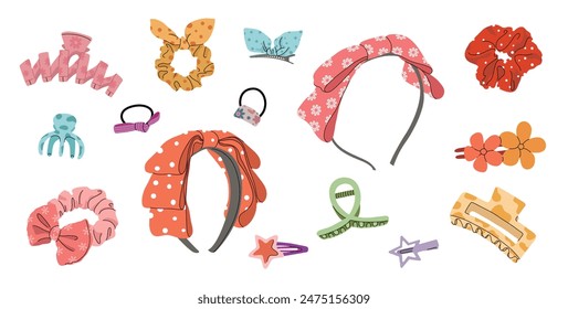 Hair accessories collection. Hair Scrunchie,Hair Tie,Claw Clip,Headband,ribbon bow, elastic band, hairgrip, bowknot for hairdressing, girls decoration. vector illustration isolated on white background