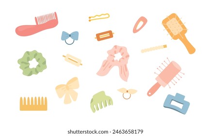 Hair accessories collection. Scrunchies, elastic bands and hair clips, hair ties. Trendy set of hair grip isolated on white background. Vector illustration in flat style.