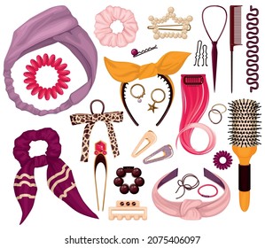 Hair accessories color set of scrunchies hairpins studs hair bands isolated on white background vector illustration