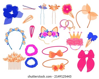 Accesorios de pelo. Diferentes elementos de estilo ondulado. Bandas para la cabeza, tiaras, bandas elásticas y clavijas para el cabello, flores decorativas, cintas y arcos de seda, objetos de belleza para niñas, conjuntos aislados para vectores