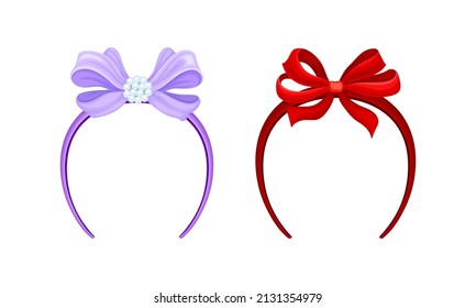 Hair accessories for girlish hairstyle set. Purple and red headbands with bow cartoon vector illustration