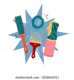 Hair accessories illustration. Hairbrush, spray bottle, comb, hair elastic. Curly girly method. Vector.