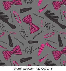 Hair Accessories Object Set pattern on Grey Background 