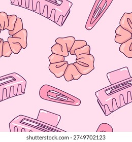 Hair accessories, seamless pattern, background. Barrete, claw, clip, hair tie, elastic simple illustrations