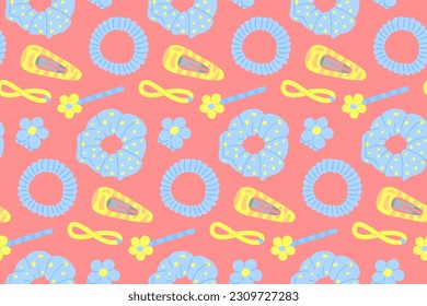 Hair accessories seamless pattern. Hairpins, elastic bands and hair clips on a red background.