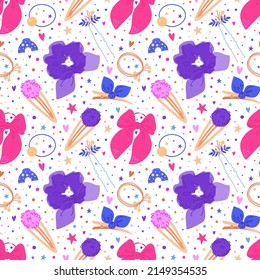 Hair accessories seamless pattern. Repeated female style elements, romantic colors elastics, pink bows, purple ribbons and barrettes, girly background. Decor textile, vector print