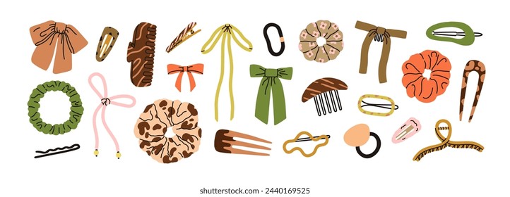 Hair accessories set. Hairpin, clip, comb, ribbon bow, tie knot, elastic band, hairgrip, pin and bowknot for hairdressing, girls decoration. Flat vector illustrations isolated on white background