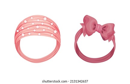 Hair accessories for stylish hairstyle set. Textile headbands decorated with bow and beads cartoon vector illustration