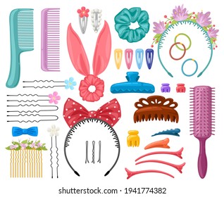 Hair accessories. Woman items, hair clips, hairpins, hairband and grips, female tools. Fashion accessories vector illustration set