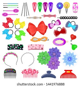 Hair accessory vector kids hairpin or hair-slide and hair-clip ponytailer for girlish hairstyle illustration beauty fashion set of hairgrip or hairdressing accessories isolated on white background