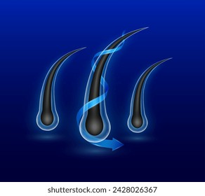 Hair and arrow blue wrapped around. Keratin serum or vitamin biotin minerals make soft and shiny. Follicles from brittleness, damage. Hair structure repair shampoo salon treatment care ads. Vector.