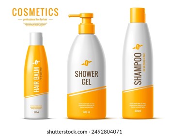 Hair balm, shampoo and shower gel bottles package cosmetic product templates. Isolated realistic 3d vector mockups of containers with pump dispensers and lids, featuring an orange and white colors