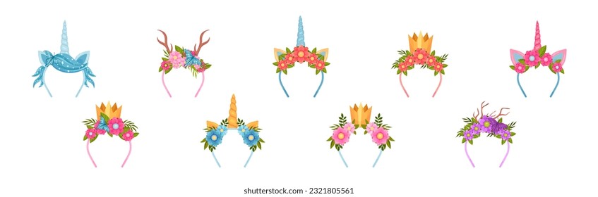 Hair Band and Headband with Decorative Flower, Horn and Antlers Vector Set