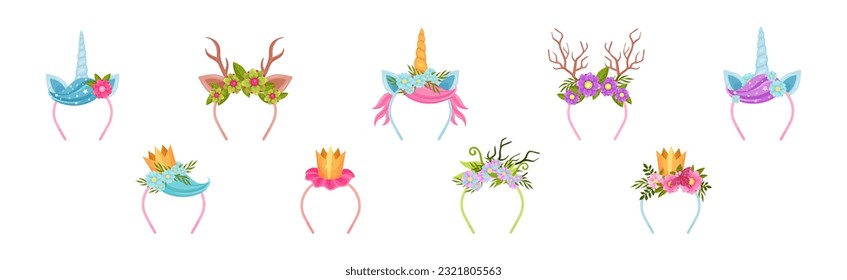 Hair Band and Headband with Decorative Flower, Horn and Antlers Vector Set