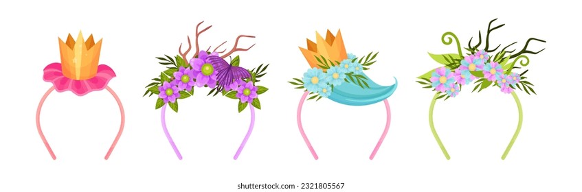 Hair Band and Headband with Decorative Flower, Crown and Antlers Vector Set