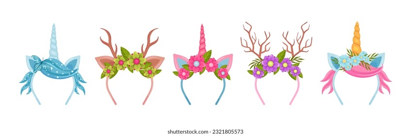 Hair Band and Headband with Decorative Flower, Horn and Antlers Vector Set