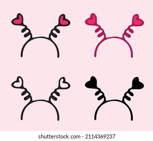 a hair band with red hearts on springs. set of children's headband in the style of hand-drawn doodles, hair decoration, black contour and silhouette with black counter hearts on white for a packaging 