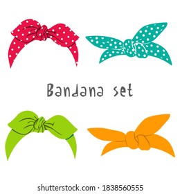 Hair bandanna set, simple colorful design and retro headbands with polka dot pattern. Vector illustration, isolated elements on white background