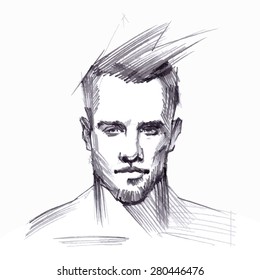 Hair. Beard. Beautiful Brunette Man. Healthy  Hair. Beauty Model Male. Hairstyle. Hair care. Barber shop badges and design elements. Black and White. Sketch of  head handsome male. 