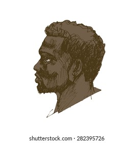 Hair. Beard. Beautiful Brunette Man. Healthy Hair. Beauty African American Model Male. Hairstyle. Hair care. Barber shop badges and design elements. Black and White. Sketch of  head handsome male. 