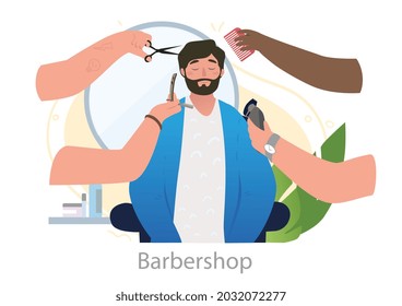 Hair and beard care concept. Man sitting in salon, and stylists do their hair and adjust shape of mustache. Services of beauty industry. Cartoon flat vector illustration isolated on white background