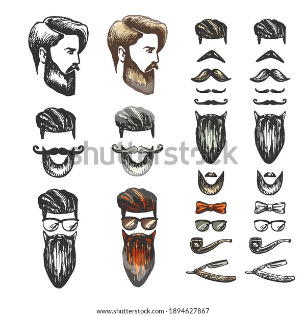 hair,\
beard, hairstyle mens, glasses, butterfly tie, mustache, graphic\
vector color isolated illustration, mens style design, color vector\
set of stylish men images on white\
background