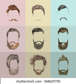 Hair and beards set. Hipster style. Vector fashion illustration.