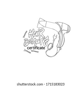 Hair beauty. Certificate. Lettering. Hair dryer and hairpins. Isolated vector object on white background.