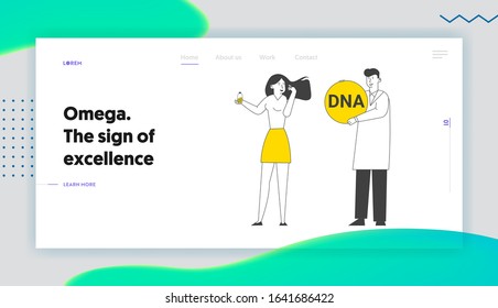 Hair Beauty and Female Health Website Landing Page. Doctor Giving Huge Droplet of DHA Docosahexaenoic Acid Type of Omega Fat to Young Woman Web Page Banner. Cartoon Flat Vector Illustration, Line Art