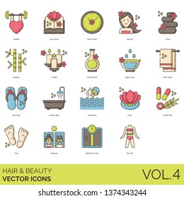 Hair and beauty icons including healthy, spa school, open hours, stone, bamboo, candle, massage oil, water drop, bath towel, flip flops, shower, swimming, lotus, herbal pills, feet, solarium, bathroom