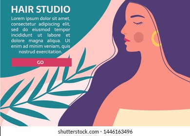 Hair and beauty salon banner, flyer, voucher. Hairdressers with professional tools care about long woman's hair and hairstyle on the abstract background.