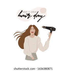 Hair and beauty salon banner, logo, flyer, voucher. Hairdressers with professional tools care about long woman's hair and hairstyle on the abstract background. Vector illustration.