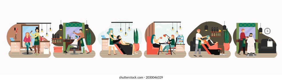 Hair and beauty salon, barbershop scene set, flat vector illustration. Manicure, hairstyle, haircut. Hairdressing saloon