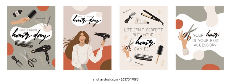 Hair and beauty salon card, banner, logo, flyer, voucher with lettering. Hairdressers with professional tools care about long woman's hair and hairstyle on the bright background. Vector illustration