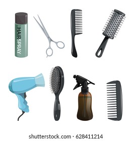 Hair beauty salon equipment set. Hairspray, scissors, comb, hairbrush, dryer. Vector icon illustrations.