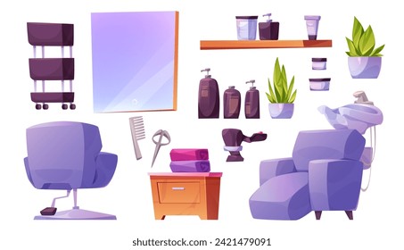 Hair beauty salon interior furniture, equipment and decoration set. Haircut studio stylist professional workplace facilities - mirror, chair, armchair and washing sink, dryer and cosmetics on shelf.