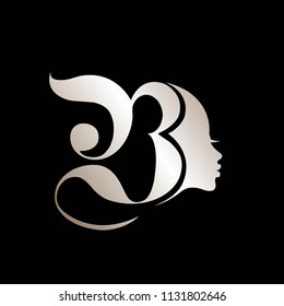 Hair and beauty salon logo.Decorative letter B and beautiful woman portrait.Shiny metallic vector icon.