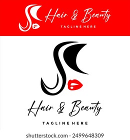 hair beauty salon make up logo with woman's hair and lips silhouette