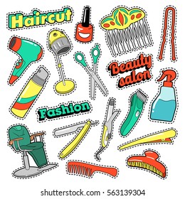 Hair Beauty Salon Patches, Badges, Stickers with Scissors and Comb. Vector Doodle